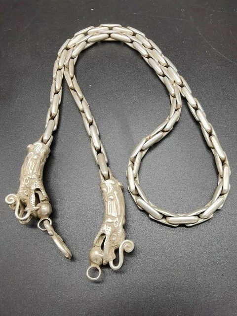 62cm Old Chinese tibet silver handcarved double dragon head Necklace