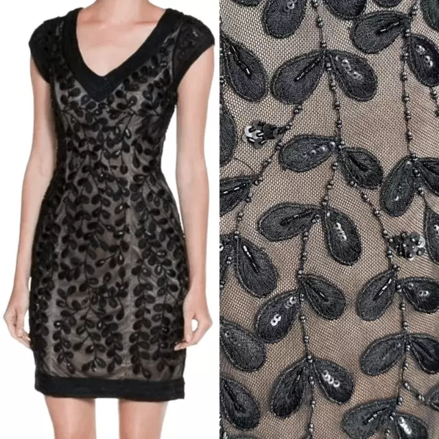 Sue Wong Nocturne V Neck Bodycon Embroidered Beaded Cap Sleeve Cocktail Dress