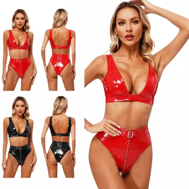 Damen Wetlook Bikini Set Badeanzug Lakleder BH Oberteil und Reißverschluss Slip