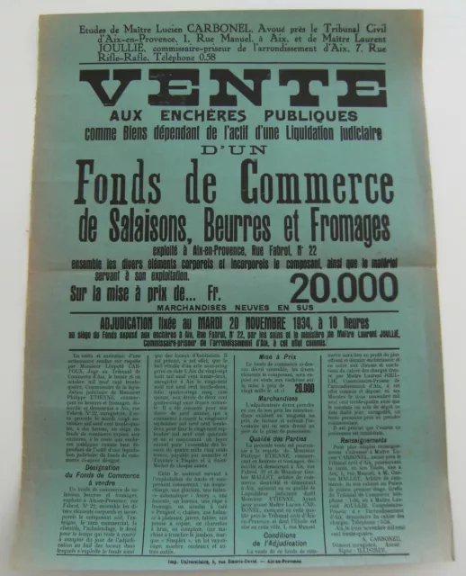 Affiche vente enchère fond commerce salaisons beurres fromages 1934 Aix vintage