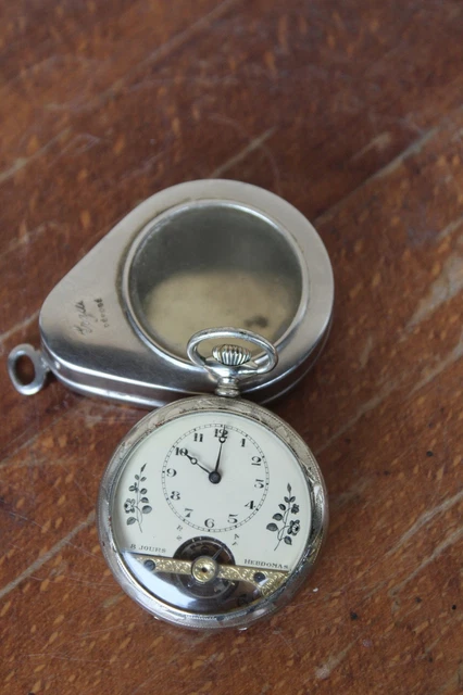 Montre à Gousset Suisse Vintage 8 Jours En Acier & Boîtier Argenté - Vers 1900