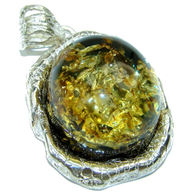 Natural Green  Baltic Amber  .925 Sterling Silver handmade Pendant