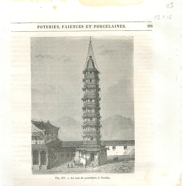 Pagode tour de porcelaine à Nankin Temple bouddhique en Chine GRAVURE PRINT 1877