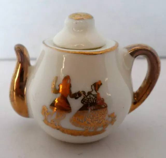 Miniature Porcelain Teapot White with Gold Trim Victorian Couple Dollhouse