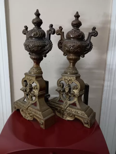 Antique 19th C. Bronze Brass French Louise XVI Style Urns Fireplace Andirons