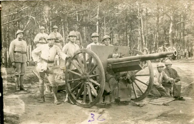 Military Card PHoto Soldiers Around the Cannon with Ammunition Metal Helmet