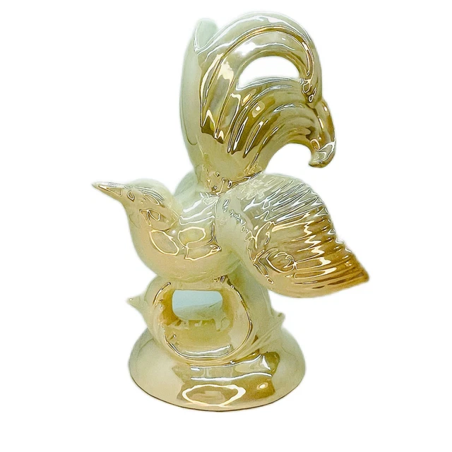 Vintage Art Pottery Iridescent Bird Of Paradise Handmade White Ceramic Signed KS