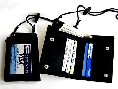 GENUINE LEATHER Neck Strap ID Badge 6 Credit Cards Holder Zip Lanyard Wallet