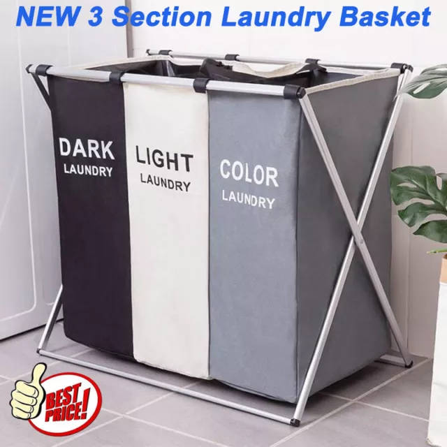 Laundry Basket Hamper Clothes Bin Organiser Folding Light Dark Colour 3 Section