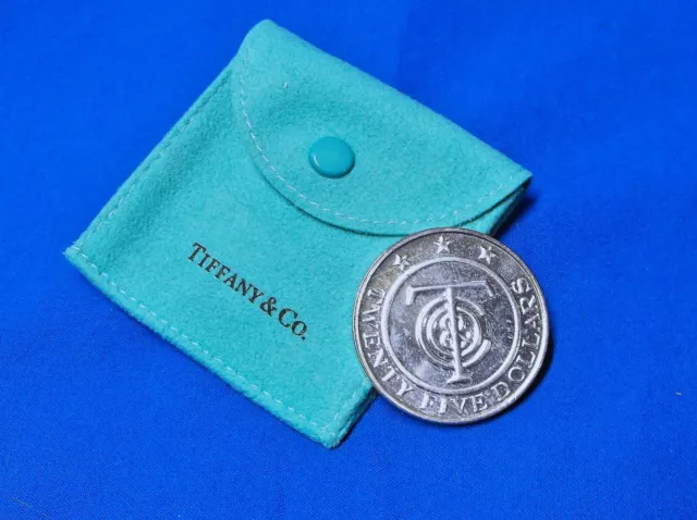 Tiffany & Co Sterling Silver $25 Money Coin Gift Token & Blue Pouch 27g #28932 Tiffany & Co Sterling Silver $25 Money Coin Gift Token & Blue Pouch 27g #28932