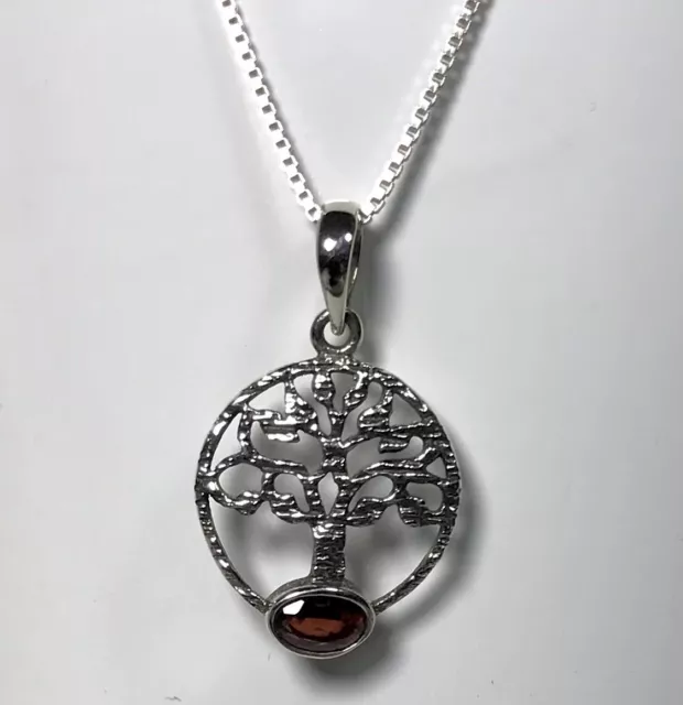 Sterling Silver 925 Tree Of Life Garnet Gem Stone Necklace 18 Inch Chain