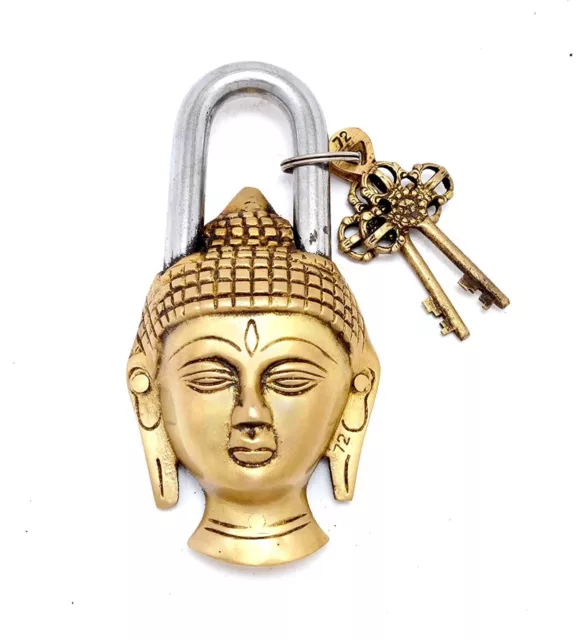 Golden Brass Buddha Design Functional Brass Lock with 2 Keys