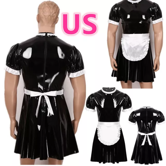 US Men's Leather Maid Crossdress Lingerie Nightwear Pajamas Cosplay Nightdress