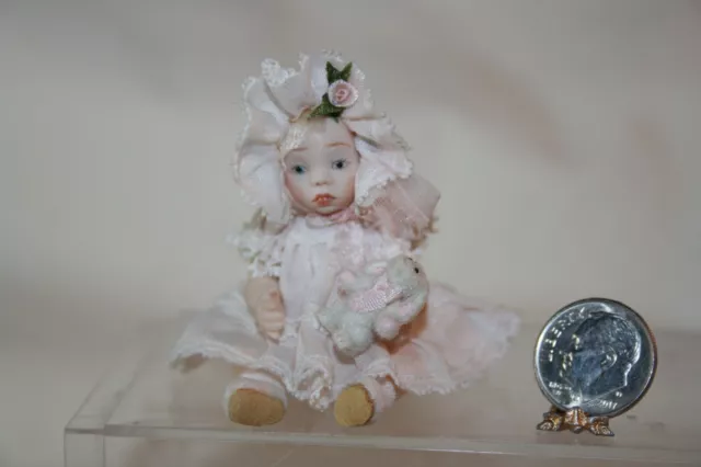 Miniature Dollhouse Sweet Little Porcelain Baby Girl w Bunny Toy Artisan 1:12