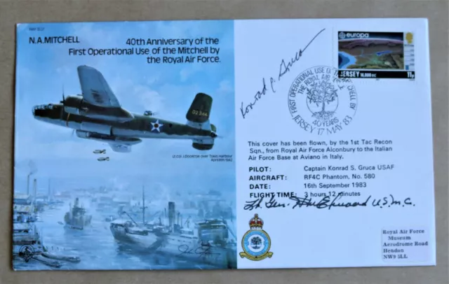 N A MITCHELL B25 BOMBER 1983 RAF COVER SIGNED Lt Gen HUGH ELWOOD USMC GRUCE USAF