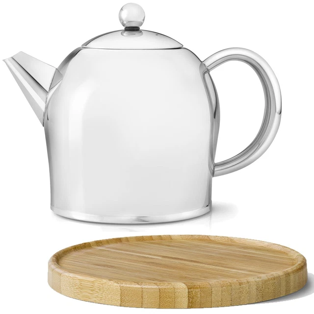 Bredemeijer kleine Teekanne Set 1.0 L Edelstahl Glanz & Holz Untersetzer braun
