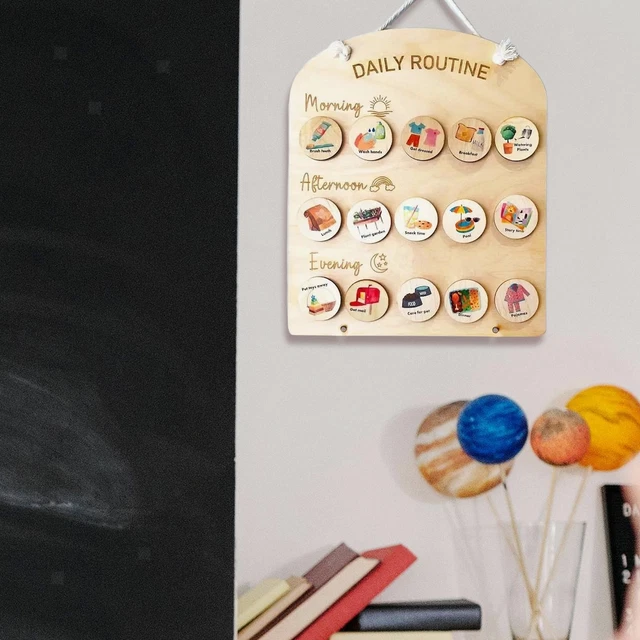 Tableau De Routine Quotidien En Bois Pour Enfants – 14x11 Pouces, Visuel, Avec Boîte De Rangement