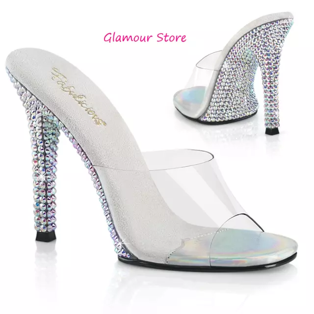 Sexy SANDALI tacco 11,5 35/41 Argento/Trasparente Grandi Strass sabot scarpe