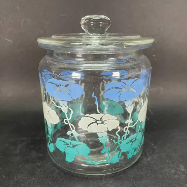 Vintage 1950's Small 5" Glass Jar Canister BLUE WHITE TEAL MORNING GLORY Flowers