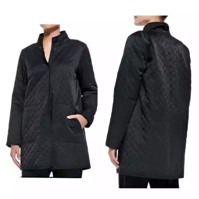 Eileen Fisher Jacket Quilted Diamond Coat Snap Front Collared Cotton Black S