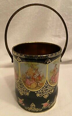 Antique Tin Can W/ Handle England Victorian Couple Scenes Pink Roses Very Old!