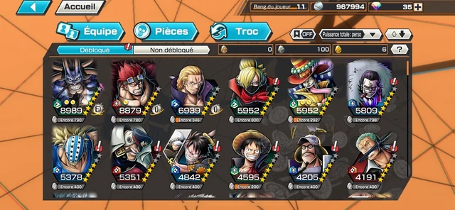 COMPTE ONE PIECE Bounty Rush, Zoro Enma, Luffy G5 Lvl 80 Et King