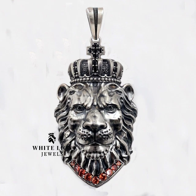 Pendentif Tête De Lion - Argent 925, Rubis, Zircon - Unisexe - Neuf