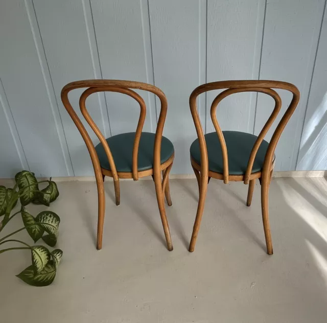 Vintage Pair Of Thonet BENTWOOD Bistro Cafe Chairs Blue Seat Made In Poland 1970 2