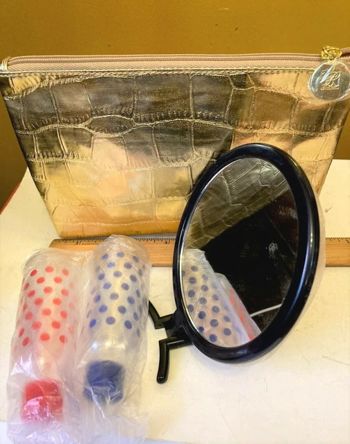 Juego de Maquillaje Estee Lauder Bolso Dorado Imitación Cuero Botellas de Viaje y Espejo de Mano NUEVO