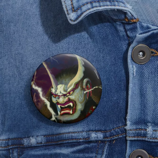 Pin Back Button Oni Mask Devil Samurai Japanese Art Scary