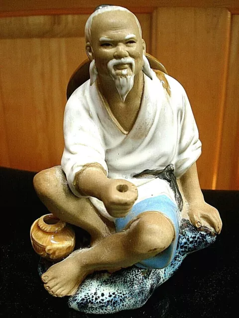 Shiwan Mud Man Fishing Figurine Ceramic Glazed Art Pottery Chinese