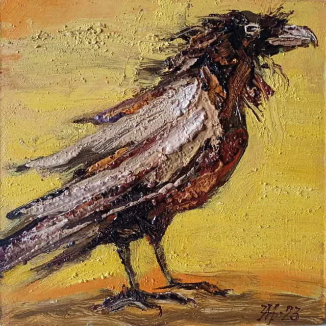 Crow Impasto Painting Original Art Impressionistic Oil Painting 7 x 7 in