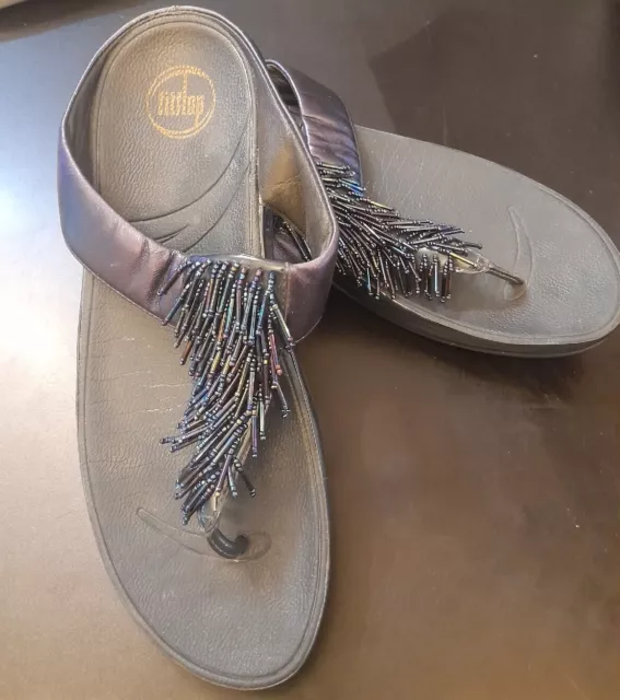 Fitflop Cha Cha Wedge Leather Toe Post Sandals UK Size 8 Navy Beaded Flip Flops