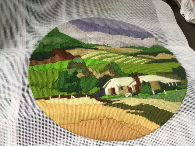 Finished unframed LONGSTITCH embroidery Landscape scene 28.5cm diam Undamaged