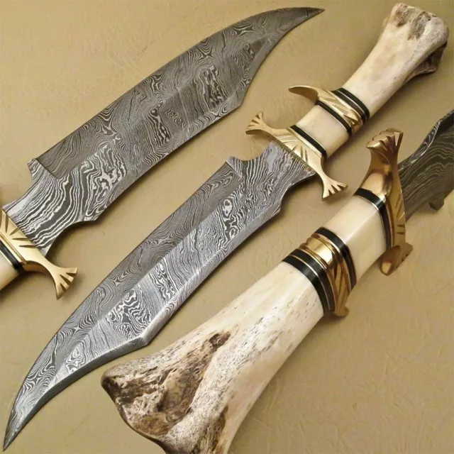 Handmade Damascus Bowie Knife Sharp Blade Camel Bone Handle With Leather Sheath