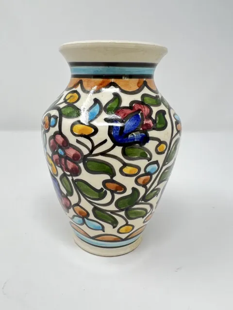 Vintage Hand Painted Made In Israel Art Pottery Vase 5.5” Tall Floral Holy Land