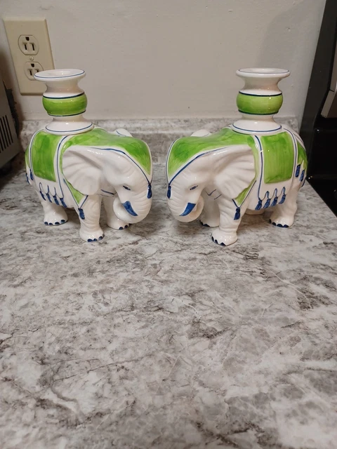Stunning Rare Fitz Floyd White Chinoiserie Elephant Candle Holder Pair 7.25”