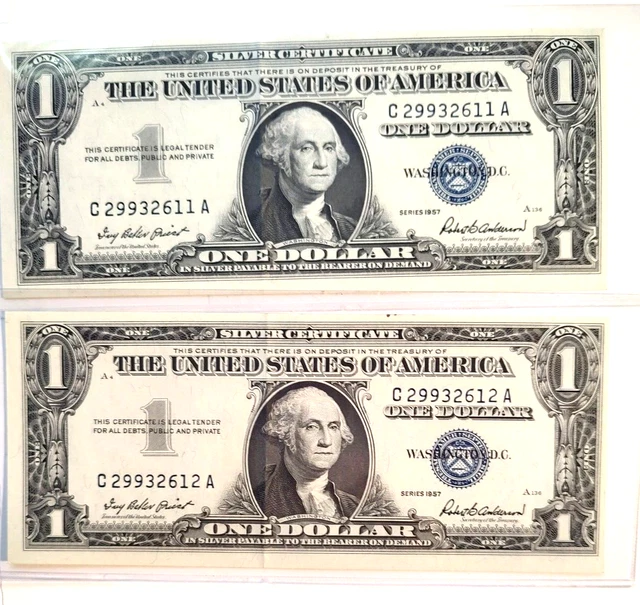1957 dollar -2 Consecutive Silver Certificate Blue Seal Uncirculated Notes