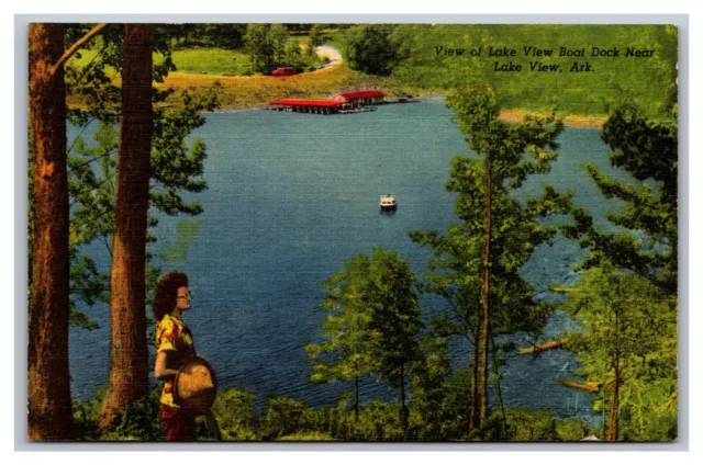 Lake View AR Arkansas Aerial View of Boat Dock Unposted Linen Postcard