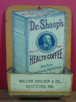 DR SHOOP'S HEALTH COFFEE Racine, Wis & Oldenburg, In TIN LITHO MATCH HOLDER SAFE