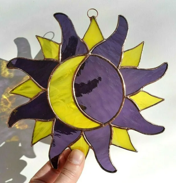 Gothic Style Sun and Moon Stained Glass Suncatcher Purple Yellow