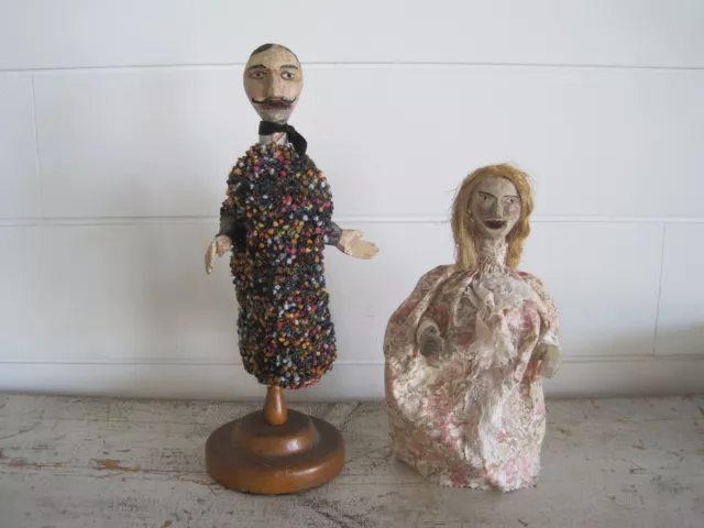 Two Circa 1930's French Hand Carved Original Paint Wood Puppets Folk Art Amazing