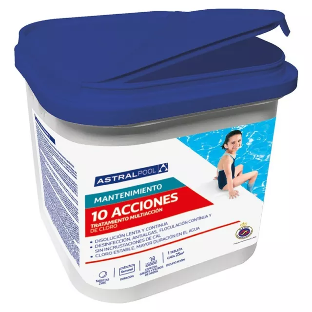 Cloro para piscina Astralpool Action-10 tabletas multiaccion 250gr 5Kg