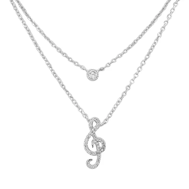 Sterling Silver Double Chain Bezel-Set Crystals CZ Music Clef Pendant Necklace