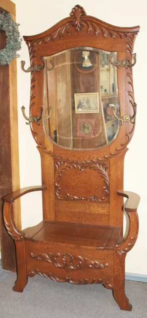 Old Antique OAK Ornate HALL SEAT HALL TREE Double Hook Large Mirror Storage Seat