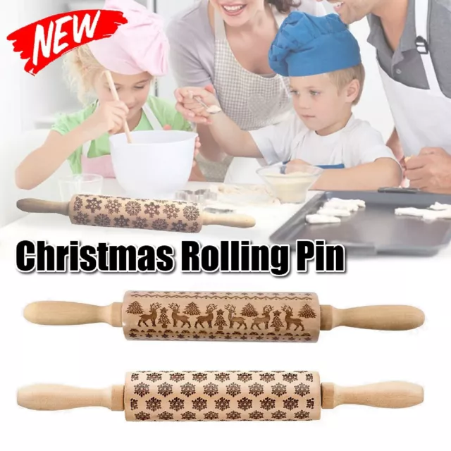 AU Christmas Embossing Rolling Pin Engraved Elk Baking Cookies Cake Roller Xmas