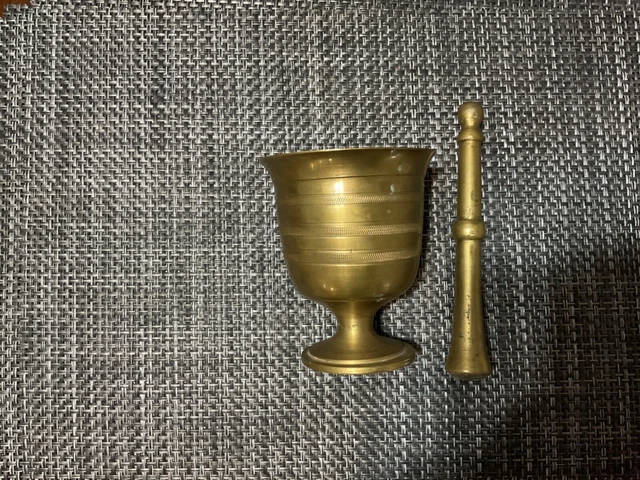 Early 19th~C SOLID BRONZE BRASS MORTAR PESTLE TOOLED RINGS