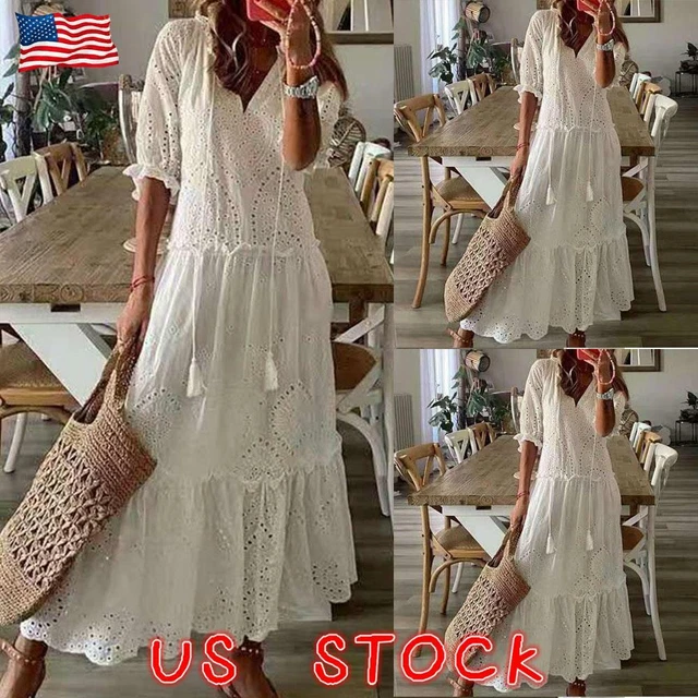 Eleter Abito Lungo Da Donna In Pizzo Bianco Con Scollo A V Profondo – Taglia M Per Cocktail, Matrimonio, Serate