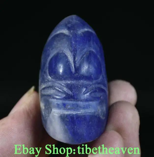 6CM Old Chinese Hongshan Culture Blue Crystal Carved Sun God Head Pendant F32