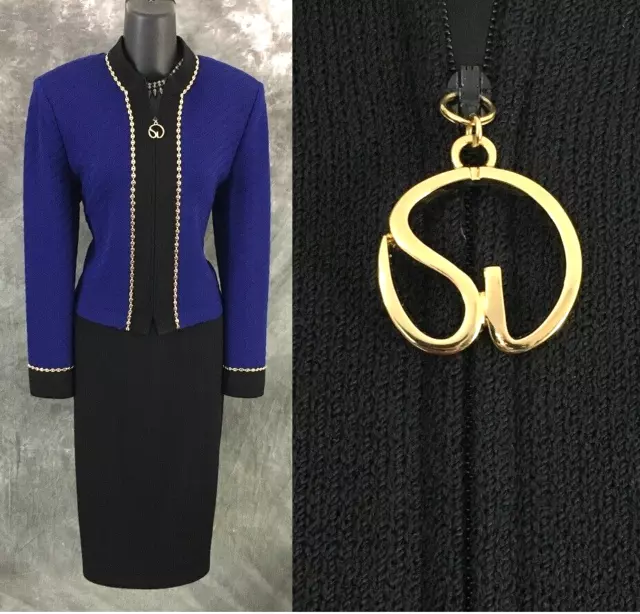 BEAUTIFUL st john collection knit blue black jacket skirt suit size S 6